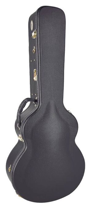 guitar case, wood, arched, with lock and shoulder strap, shaped model, jazz 17 inch