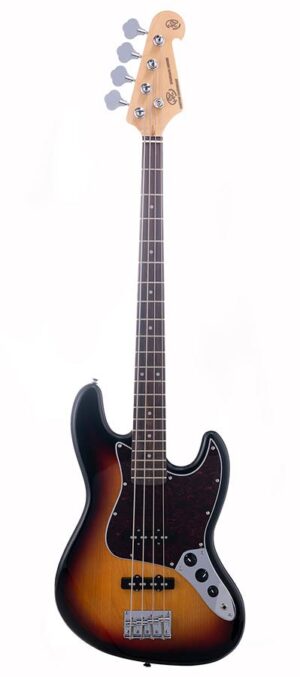 J-style electric bass guitar, 3 tone sunburst, with gig bag