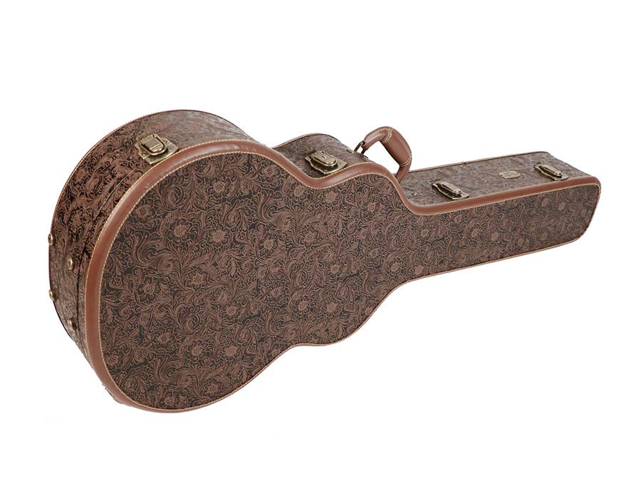 case for mini-jumbo-model acoustic guitar, wood, shaped model, carved fractals. J-185 size