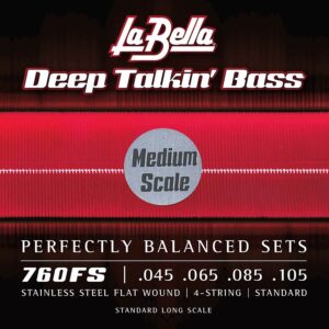 string set electric bass, stainless steel flatwound, 045-065-085-105, medium scale