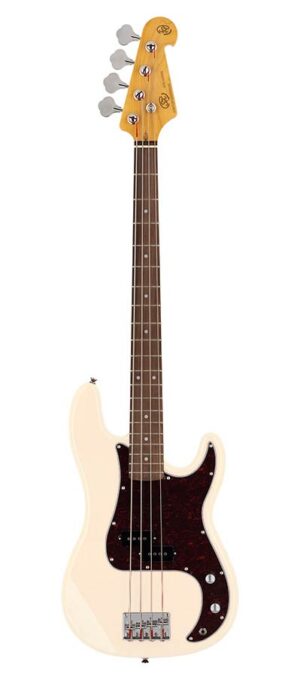 62 vintage P-style electric bass guitar, with split single coil pickup, with bag, vintage white