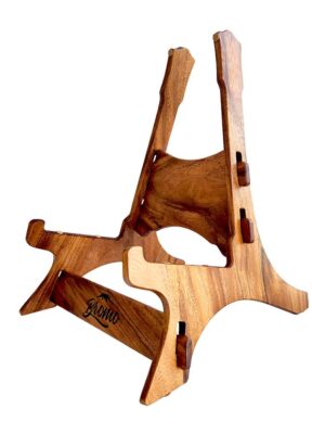 solid Trembesi wooden guitar stand, with cork supports (large logo at front of the stand)