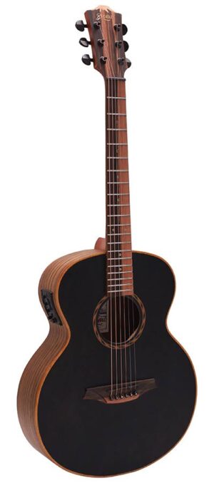 mini jumbo acoustic guitar, solid mahogany top, walnut b&s, amara ebony fb, black, padded bag