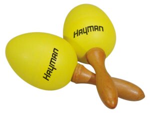 shaker eggs, plastic, pair, with handle, yellow, 45 grams