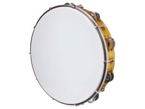 tambourine, plastic drum head, 12", 10 x 2 zils, wood grain plastic, tunable