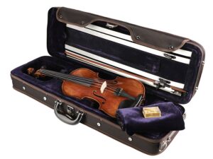 violin outfit 3/4, antique varnish, well flamed, ebony fittings, bow, luxe oblong case