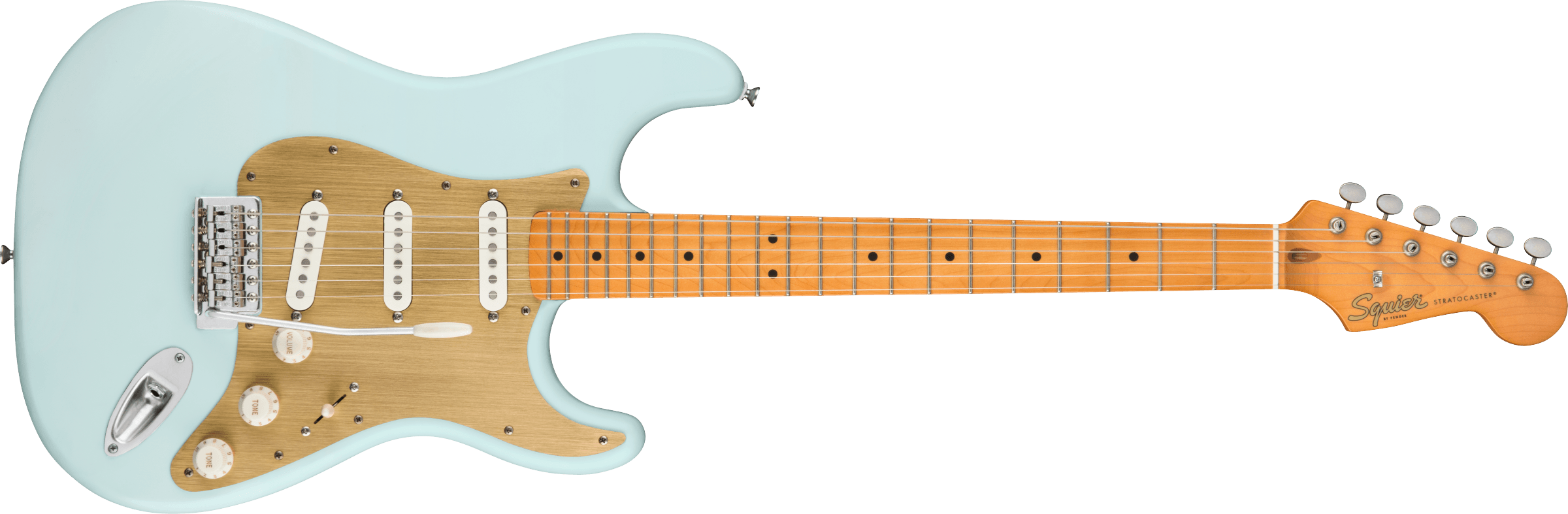 fender squire 40th anniversary stratocaster®, gold anodized pickguard, maple fingerboard, satin sonic blue, squire, stratocaster, vintage edition